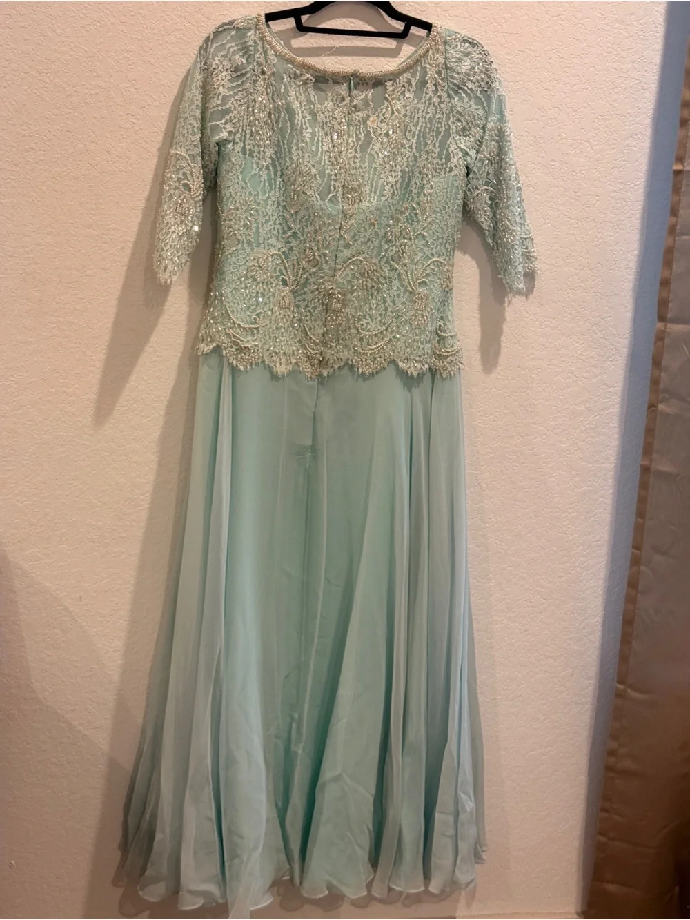 Vintage Mint Lace Appliqué Evening Gown - Picture 2 of 7